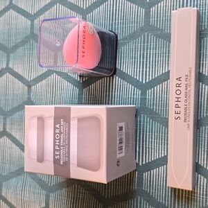 SEPHORA BRAND REUSABLE TRAVEL JAR SET, GLASS NAIL FILE AND SPONGE BUNDLE
